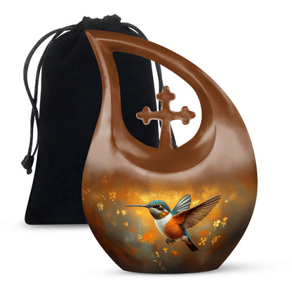 Warm Gold Hummingbird Cremation Urn top-down view of secure threaded lid - devotional cross-drop hummingbird engraving - full-size 10 inch 200 cubic inch adult cremation urn