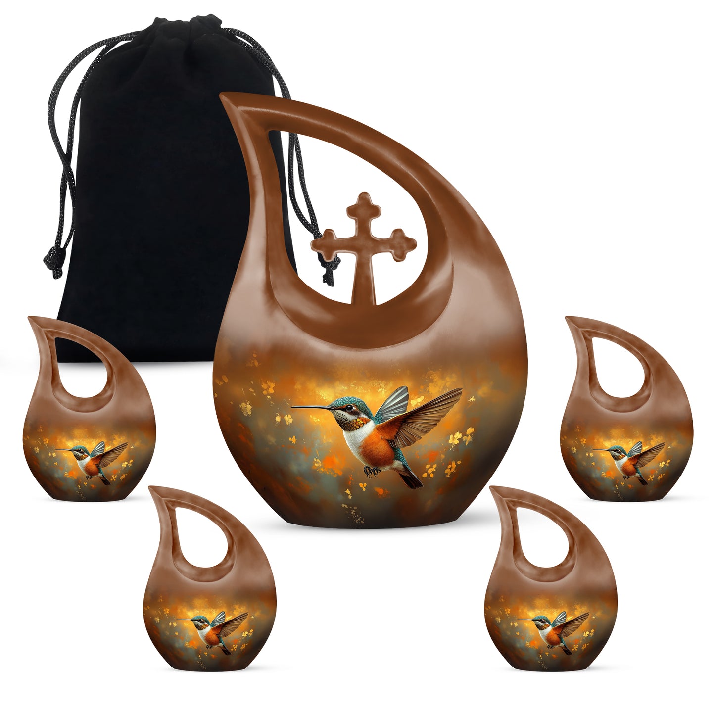 Amber Gold Hummingbird Cremation Urn urn with complimentary velvet bag - cross and hummingbird combined in spiritual memorial design - memorial set with one large and four small urns