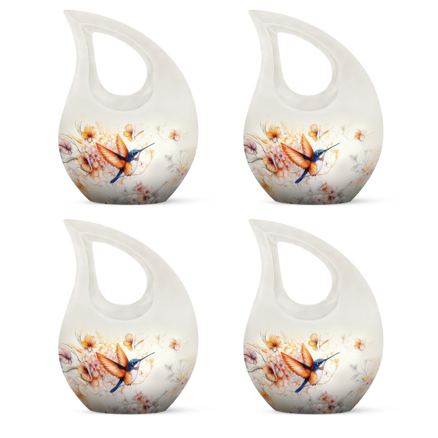 Mist Gray Hummingbird Cremation Urn lifestyle display on memorial shelf - cross and hummingbird combined in spiritual memorial design - 10 inch aluminum urn for cremated remains
