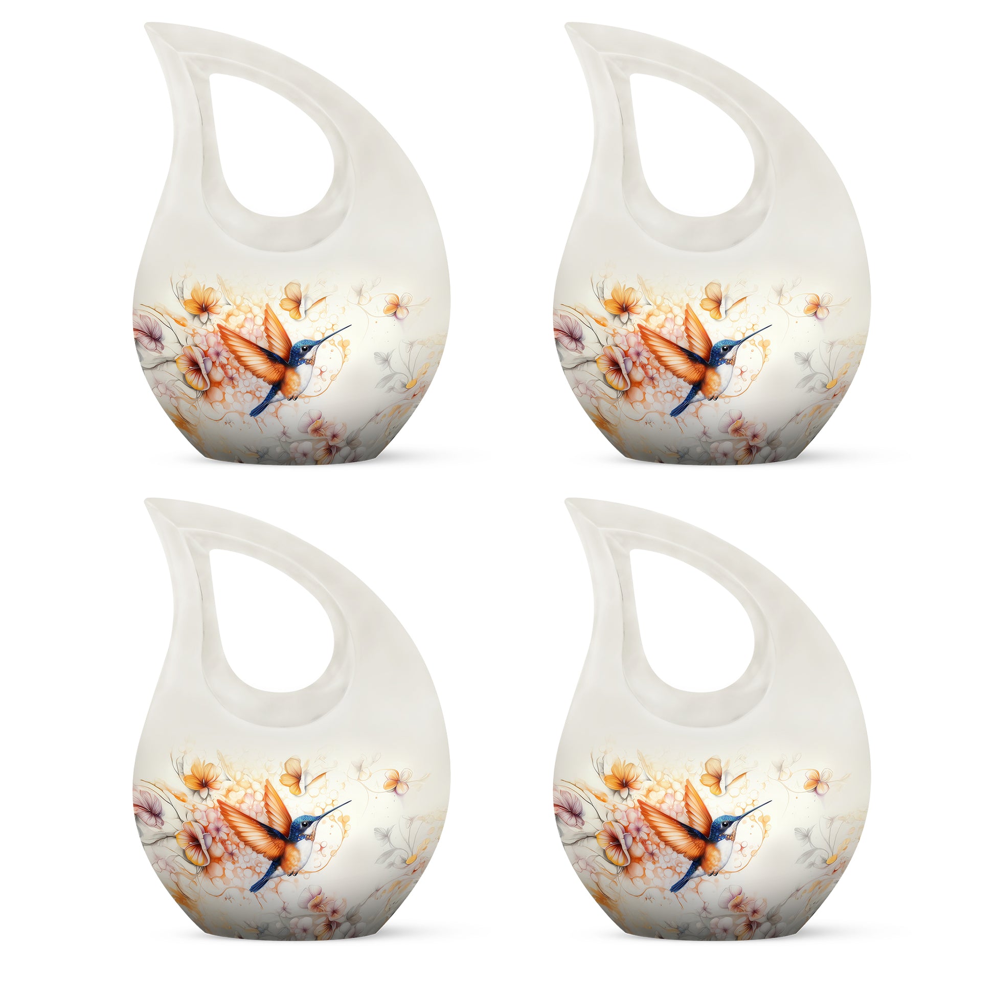 Mist Gray Hummingbird Cremation Urn lifestyle display on memorial shelf - cross and hummingbird combined in spiritual memorial design - 10 inch aluminum urn for cremated remains