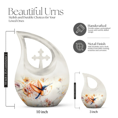Dove Gray Hummingbird Cremation Urn back view with polished surface - sacred cross merged with hummingbird motif on metal - mini keepsake memorial for portion of cremation ashes