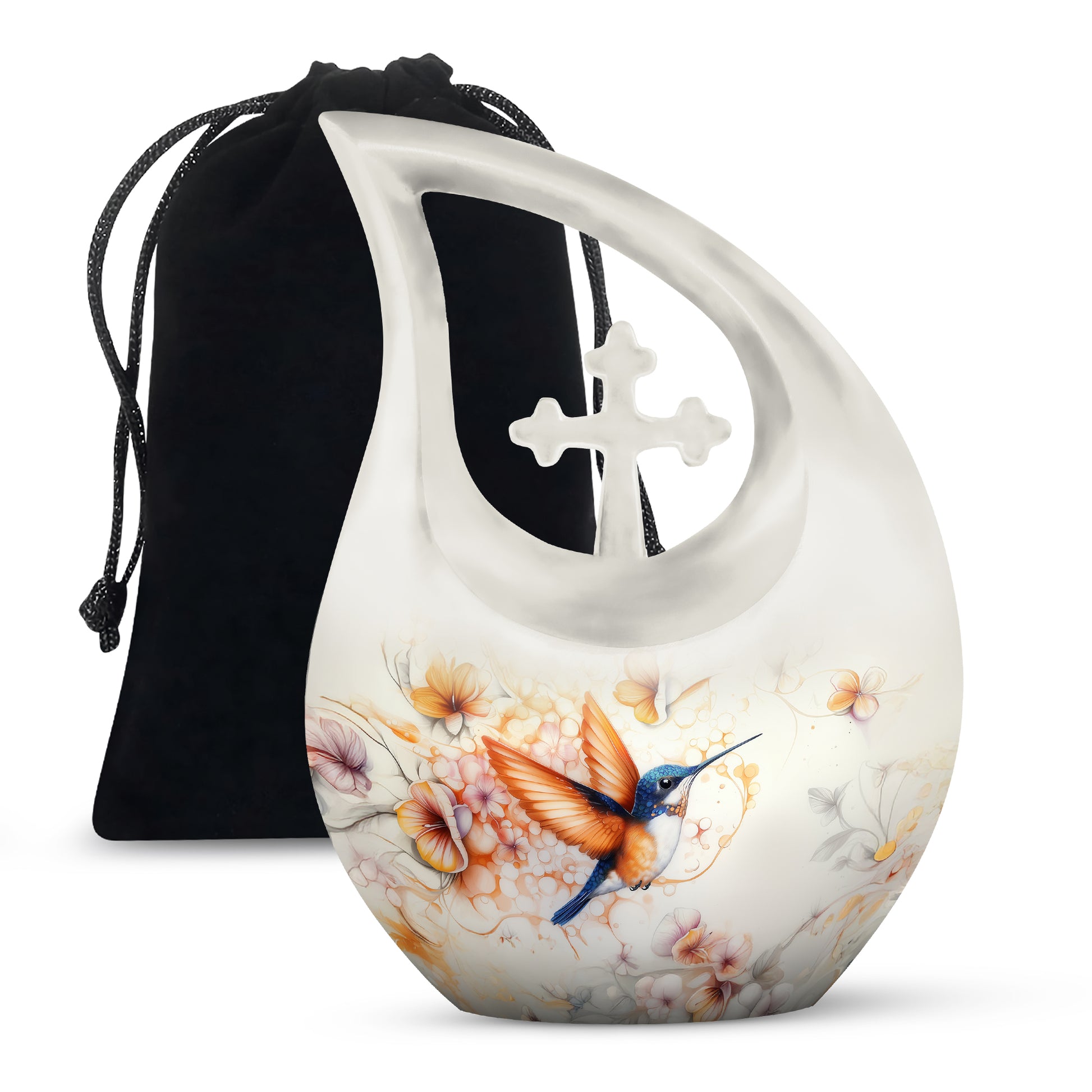 Silver Gray Hummingbird Cremation Urn top-down view of secure threaded lid - cross and hummingbird combined in spiritual memorial design - full-size 10 inch 200 cubic inch adult cremation urn