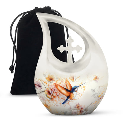 Silver Gray Hummingbird Cremation Urn top-down view of secure threaded lid - cross and hummingbird combined in spiritual memorial design - full-size 10 inch 200 cubic inch adult cremation urn