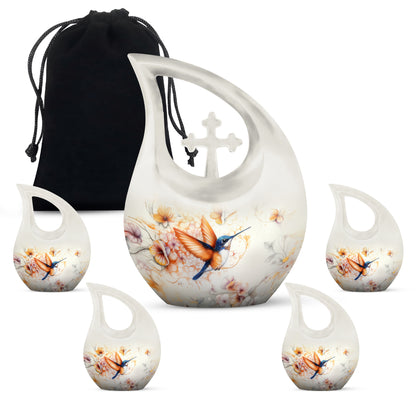 Storm Gray Hummingbird Cremation Urn urn with complimentary velvet bag - faith-inspired cross-drop urn with hummingbird pattern - memorial set with one large and four small urns