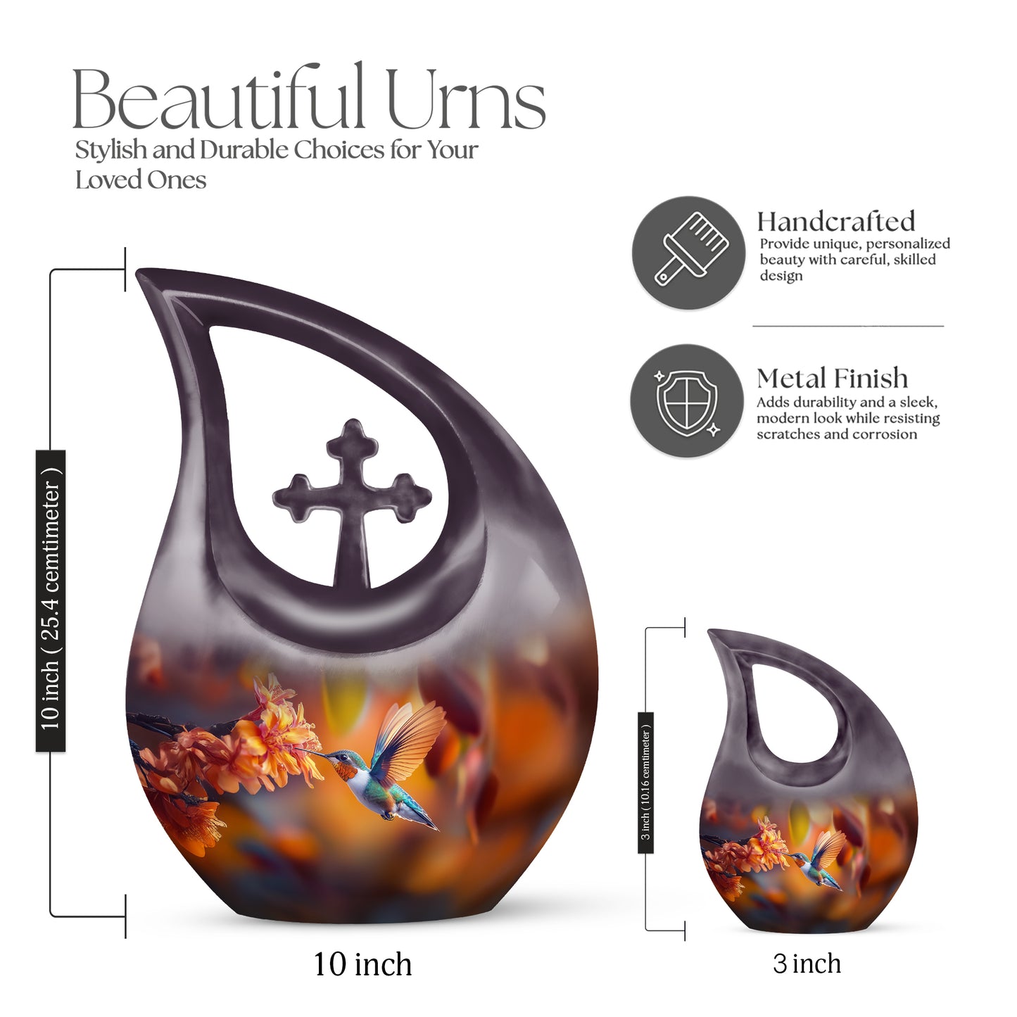 Royal Gold Hummingbird Cremation Urn back view with polished surface - devotional cross-drop hummingbird engraving - mini keepsake memorial for portion of cremation ashes