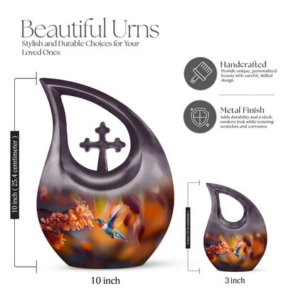 Royal Gold Hummingbird Cremation Urn back view with polished surface - devotional cross-drop hummingbird engraving - mini keepsake memorial for portion of cremation ashes