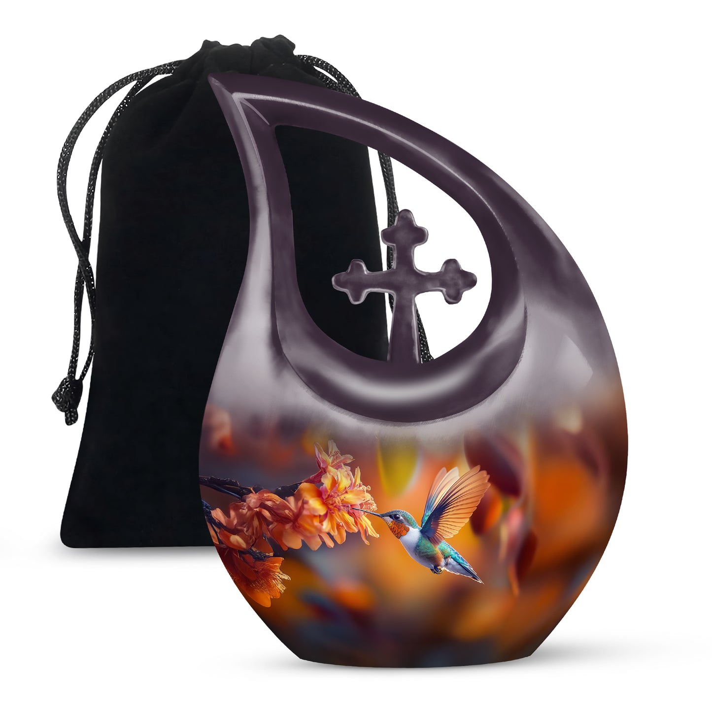 Amber Gold Hummingbird Cremation Urn top-down view of secure threaded lid - cross and hummingbird combined in spiritual memorial design - full-size 10 inch 200 cubic inch adult cremation urn