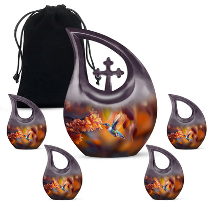 Harvest Gold Hummingbird Cremation Urn urn with complimentary velvet bag - devotional cross-drop hummingbird engraving - memorial set with one large and four small urns