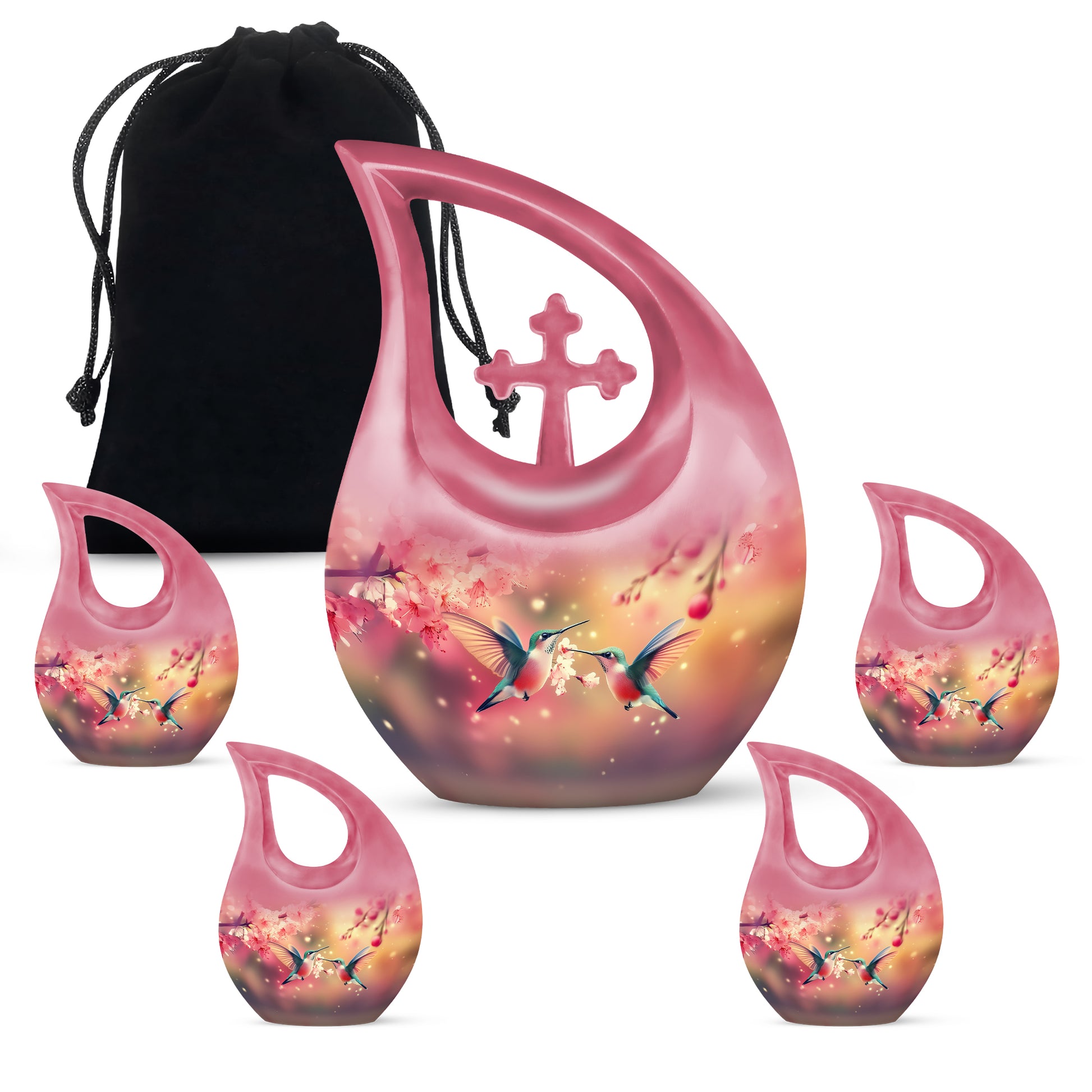 Champagne Gold Hummingbird Cremation Urn urn with complimentary velvet bag - cross and hummingbird combined in spiritual memorial design - memorial set with one large and four small urns