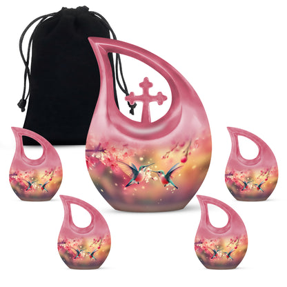 Champagne Gold Hummingbird Cremation Urn urn with complimentary velvet bag - cross and hummingbird combined in spiritual memorial design - memorial set with one large and four small urns