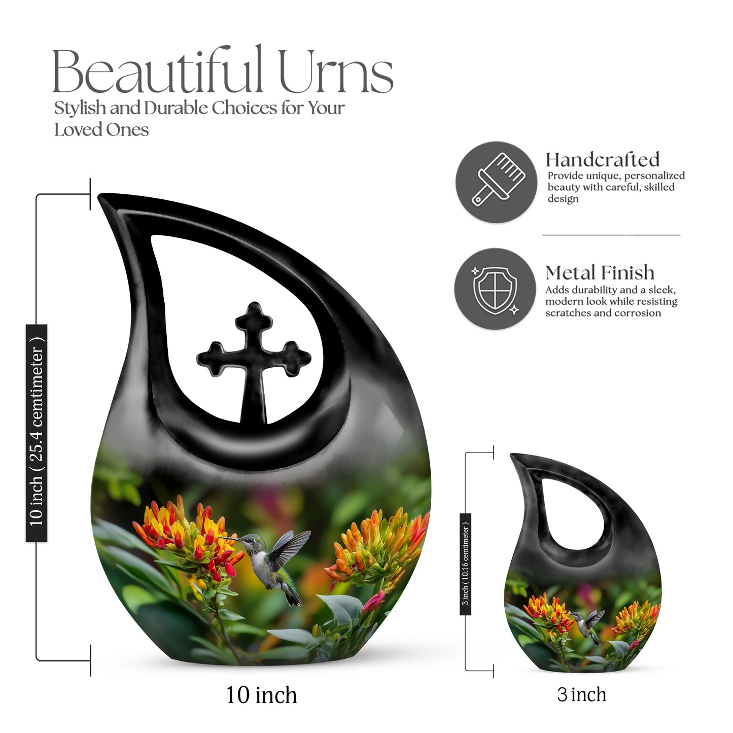 Golden Yellow Hummingbird Cremation Urn back view with polished surface - sacred cross merged with hummingbird motif on metal - mini keepsake memorial for portion of cremation ashes