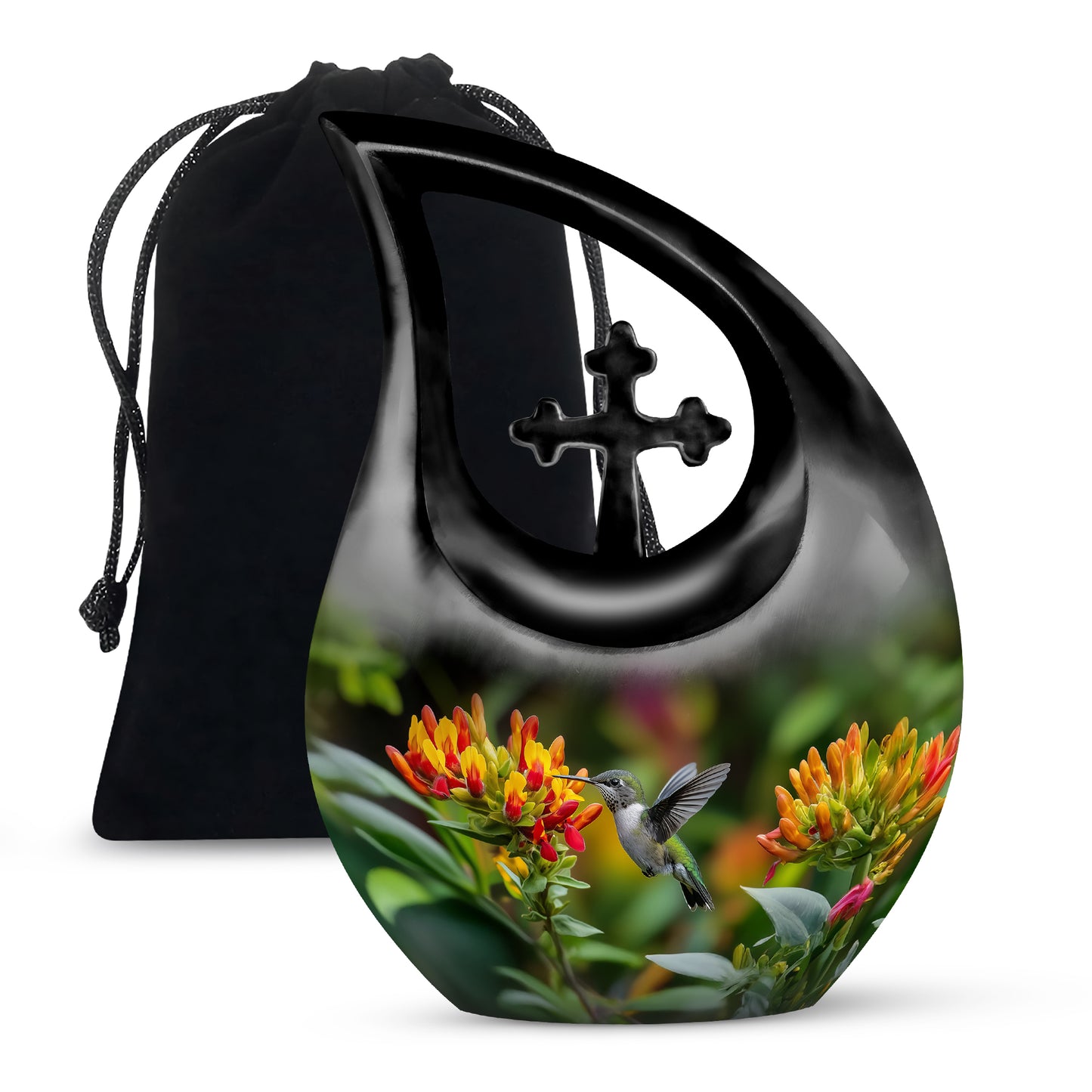 Harvest Yellow Hummingbird Cremation Urn top-down view of secure threaded lid - sacred cross merged with hummingbird motif on metal - full-size 10 inch 200 cubic inch adult cremation urn