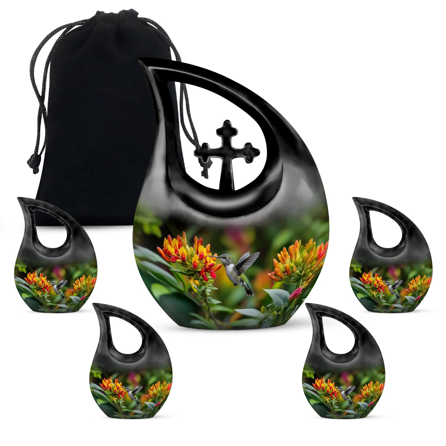 Harvest Yellow Hummingbird Cremation Urn urn with complimentary velvet bag - sacred cross merged with hummingbird motif on metal - memorial set with one large and four small urns