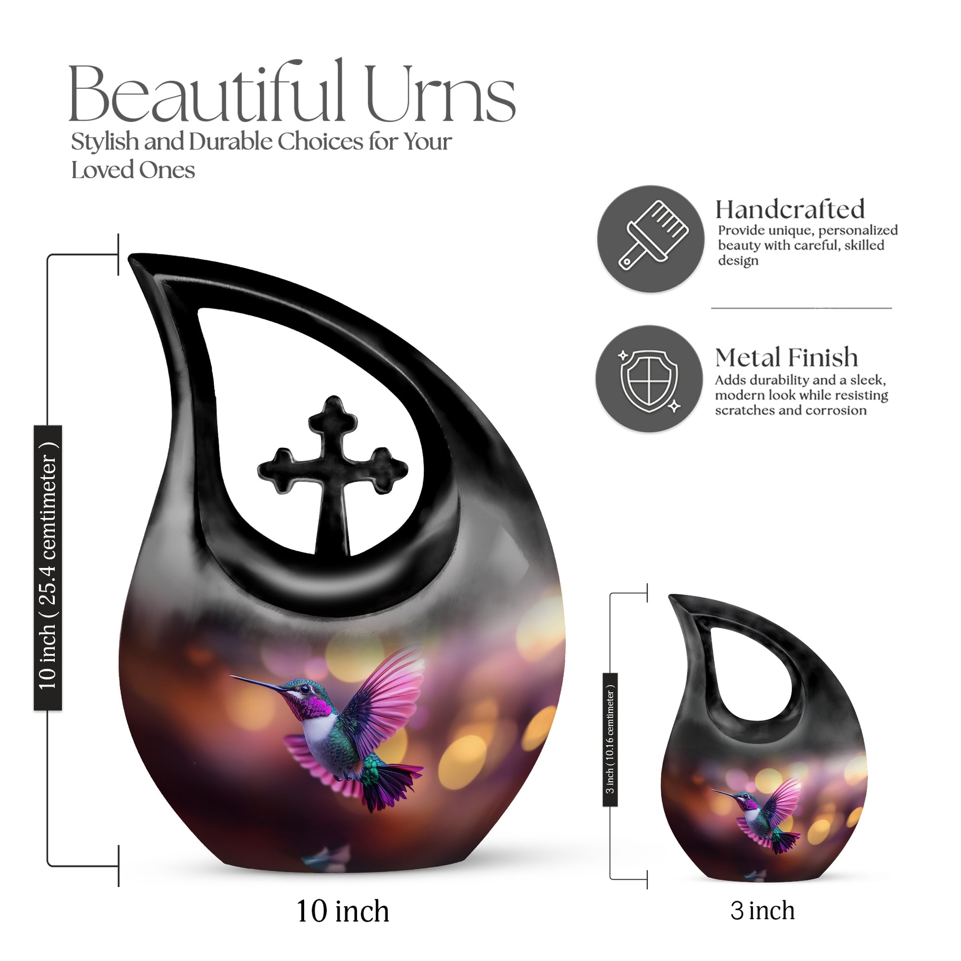 Cherry Red Hummingbird Cremation Urn back view with polished surface - devotional cross-drop hummingbird engraving - mini keepsake memorial for portion of cremation ashes
