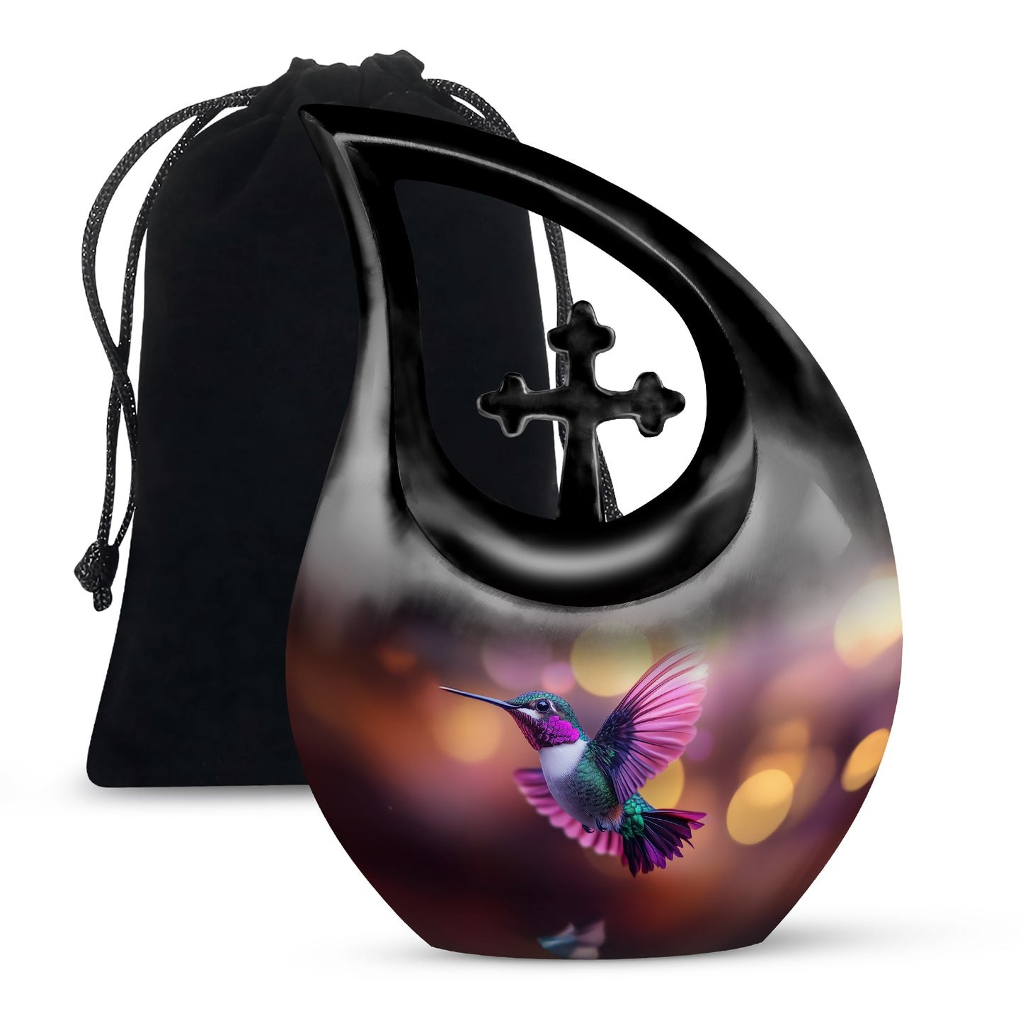 Cherry Red Hummingbird Cremation Urn top-down view of secure threaded lid - faith-inspired cross-drop urn with hummingbird pattern - full-size 10 inch 200 cubic inch adult cremation urn