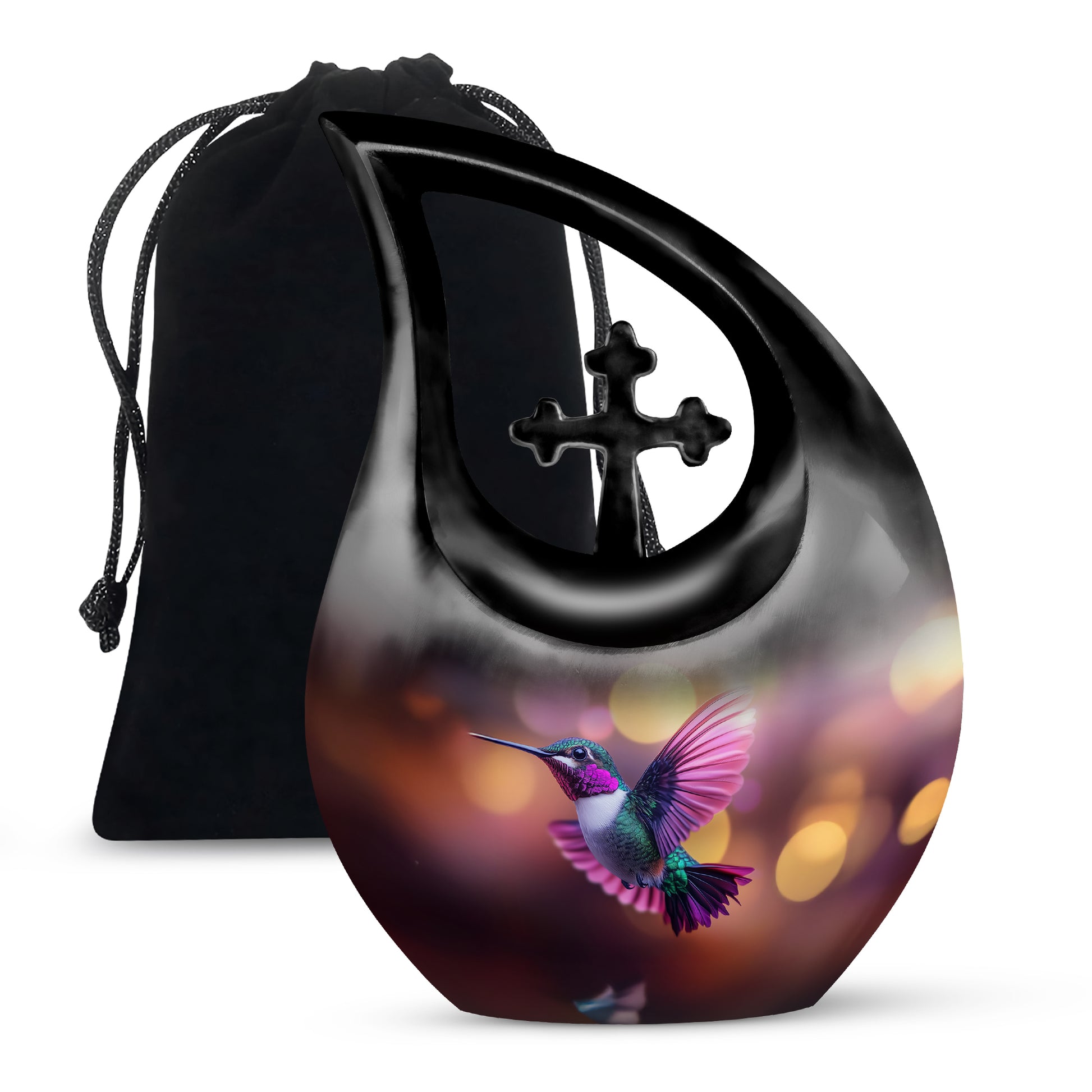 Cherry Red Hummingbird Cremation Urn top-down view of secure threaded lid - faith-inspired cross-drop urn with hummingbird pattern - full-size 10 inch 200 cubic inch adult cremation urn