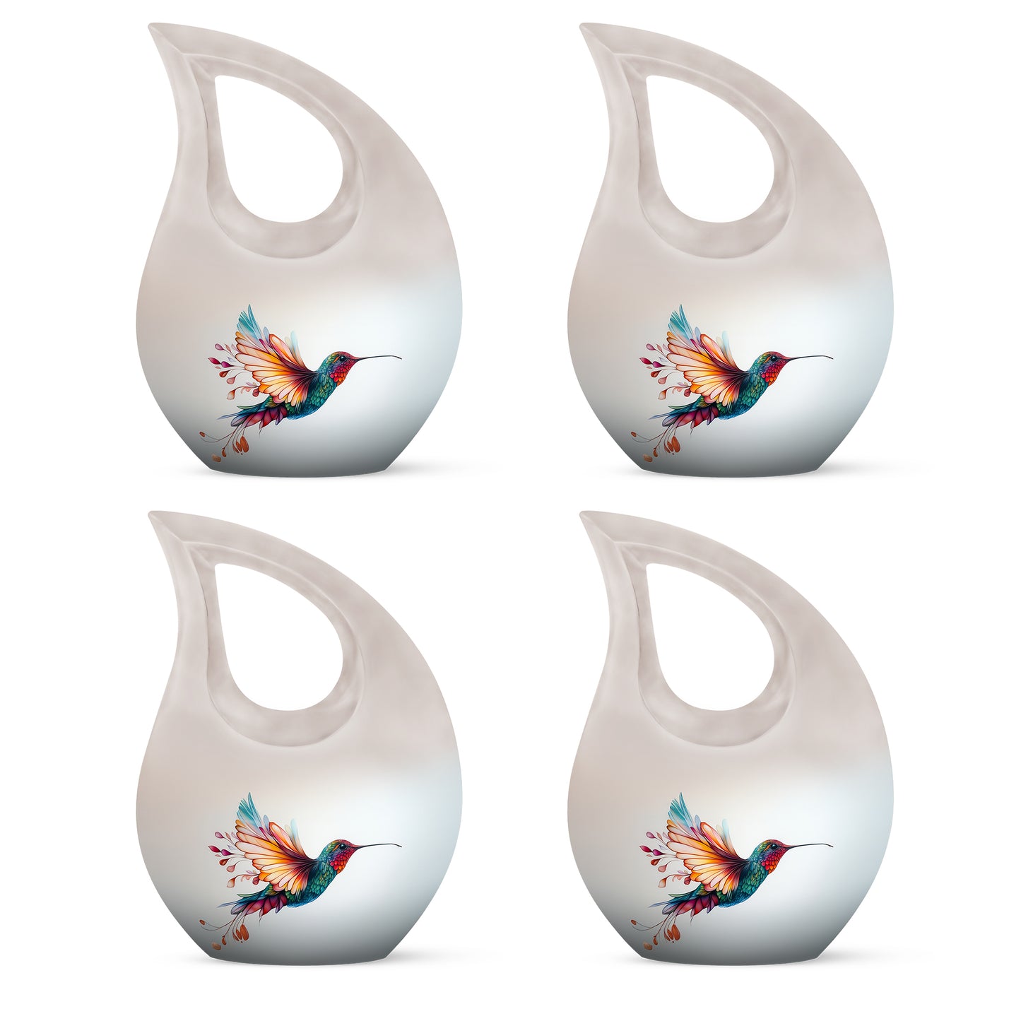 Moonlight Silver Hummingbird Cremation Urn lifestyle display on memorial shelf - devotional cross-drop hummingbird engraving - 10 inch aluminum urn for cremated remains