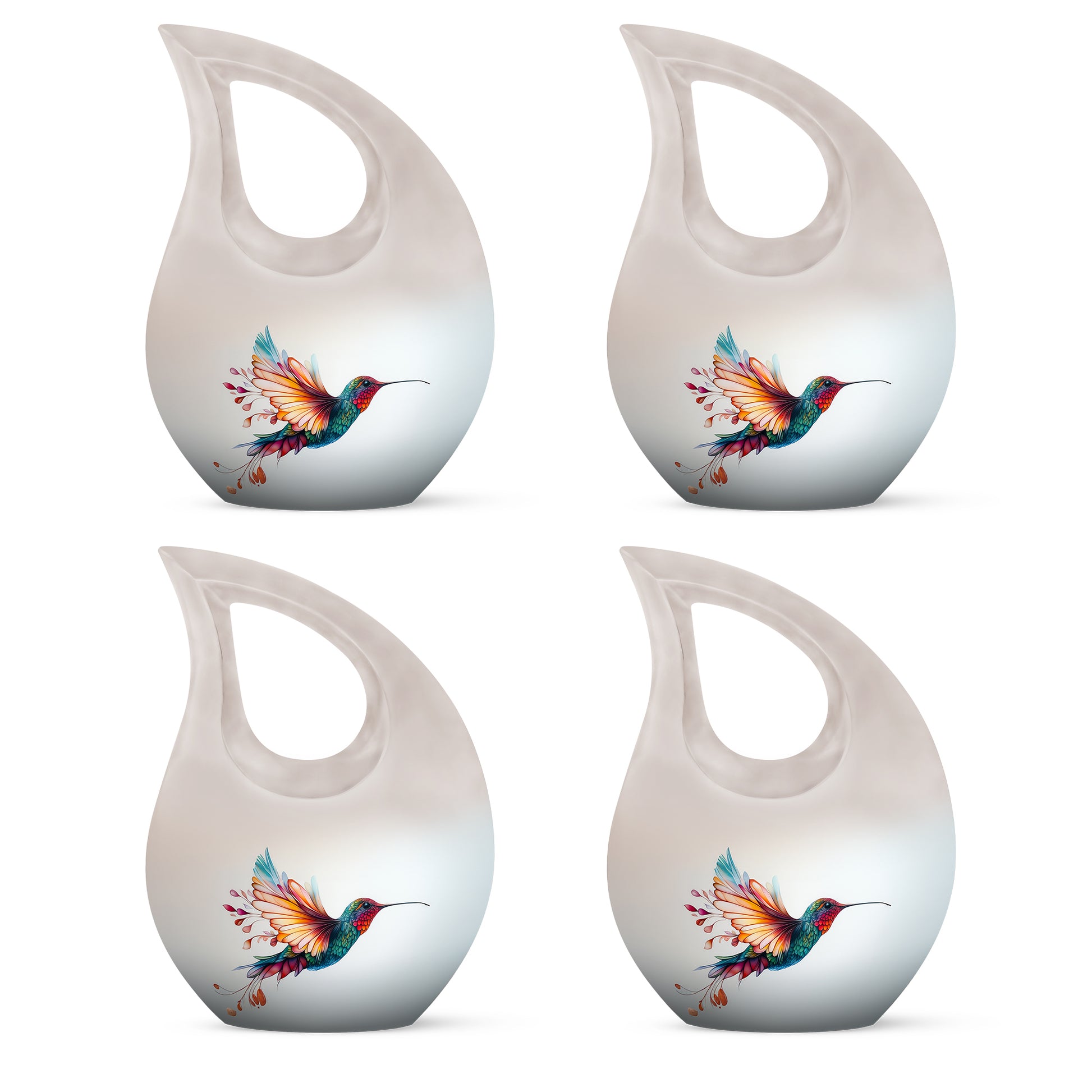 Moonlight Silver Hummingbird Cremation Urn lifestyle display on memorial shelf - devotional cross-drop hummingbird engraving - 10 inch aluminum urn for cremated remains