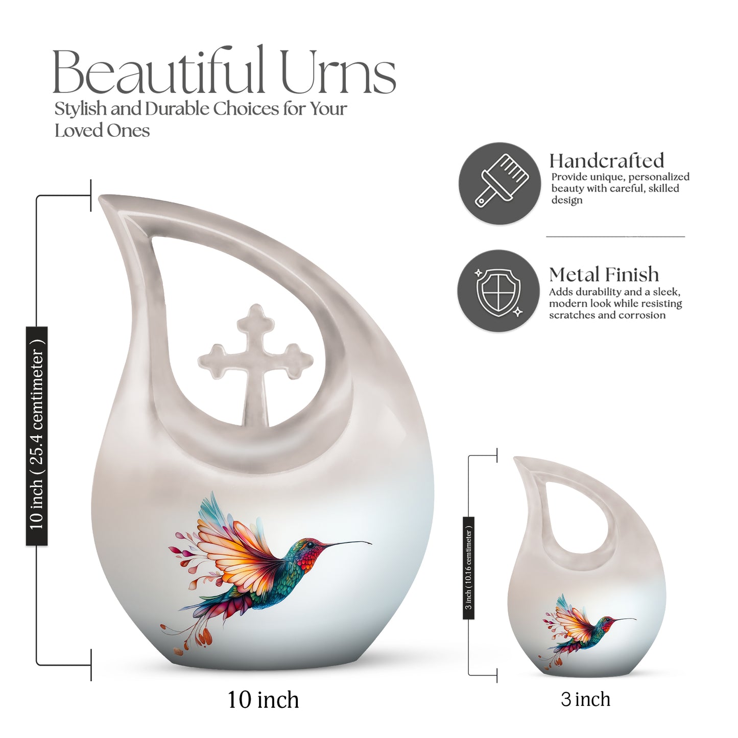 Gleaming Silver Hummingbird Cremation Urn back view with polished surface - sacred cross merged with hummingbird motif on metal - mini keepsake memorial for portion of cremation ashes