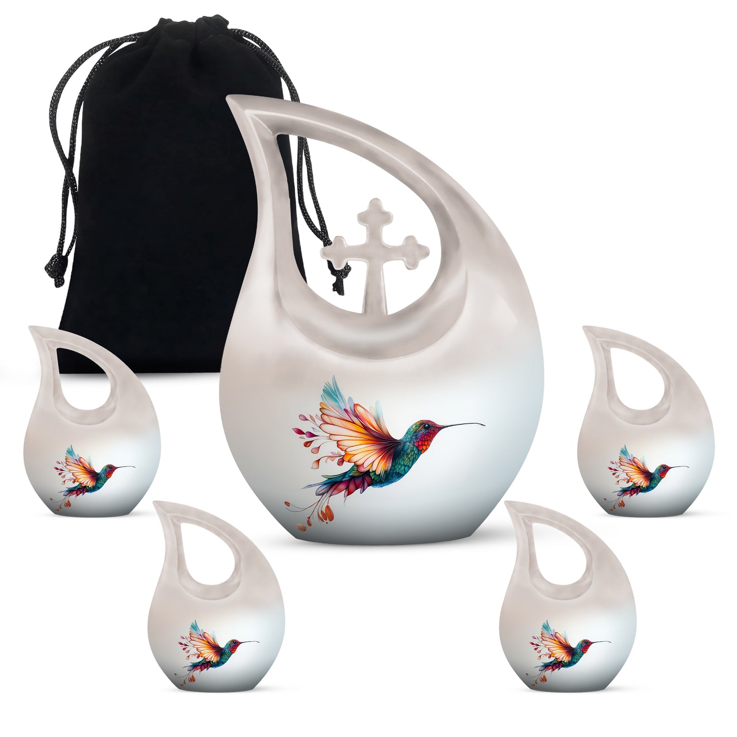 Polished Silver Hummingbird Cremation Urn urn with complimentary velvet bag - faith-inspired cross-drop urn with hummingbird pattern - memorial set with one large and four small urns