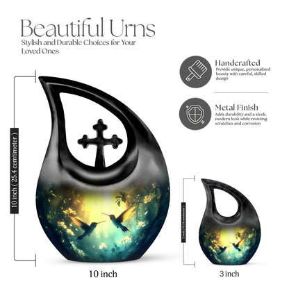 Sunrise Gold Hummingbird Cremation Urn back view with polished surface - cross and hummingbird combined in spiritual memorial design - mini keepsake memorial for portion of cremation ashes