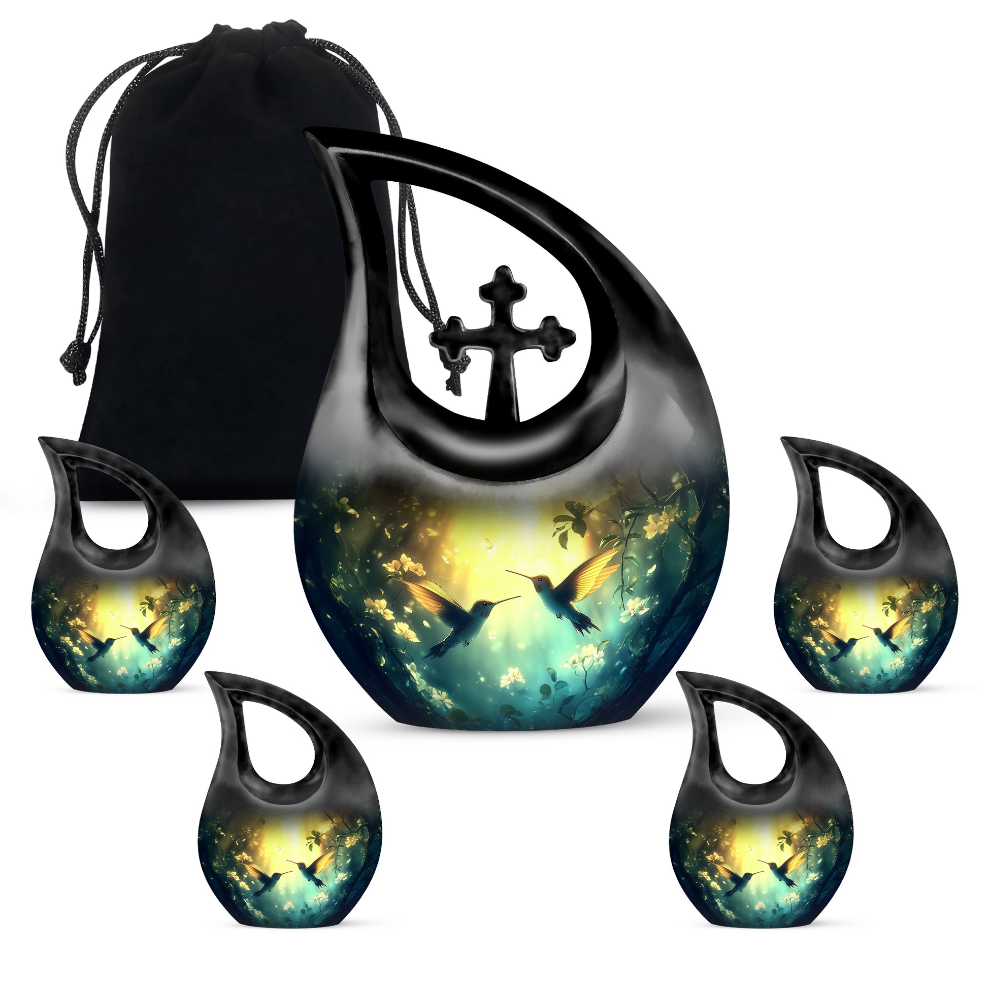 Sunrise Gold Hummingbird Cremation Urn urn with complimentary velvet bag - cross and hummingbird combined in spiritual memorial design - memorial set with one large and four small urns