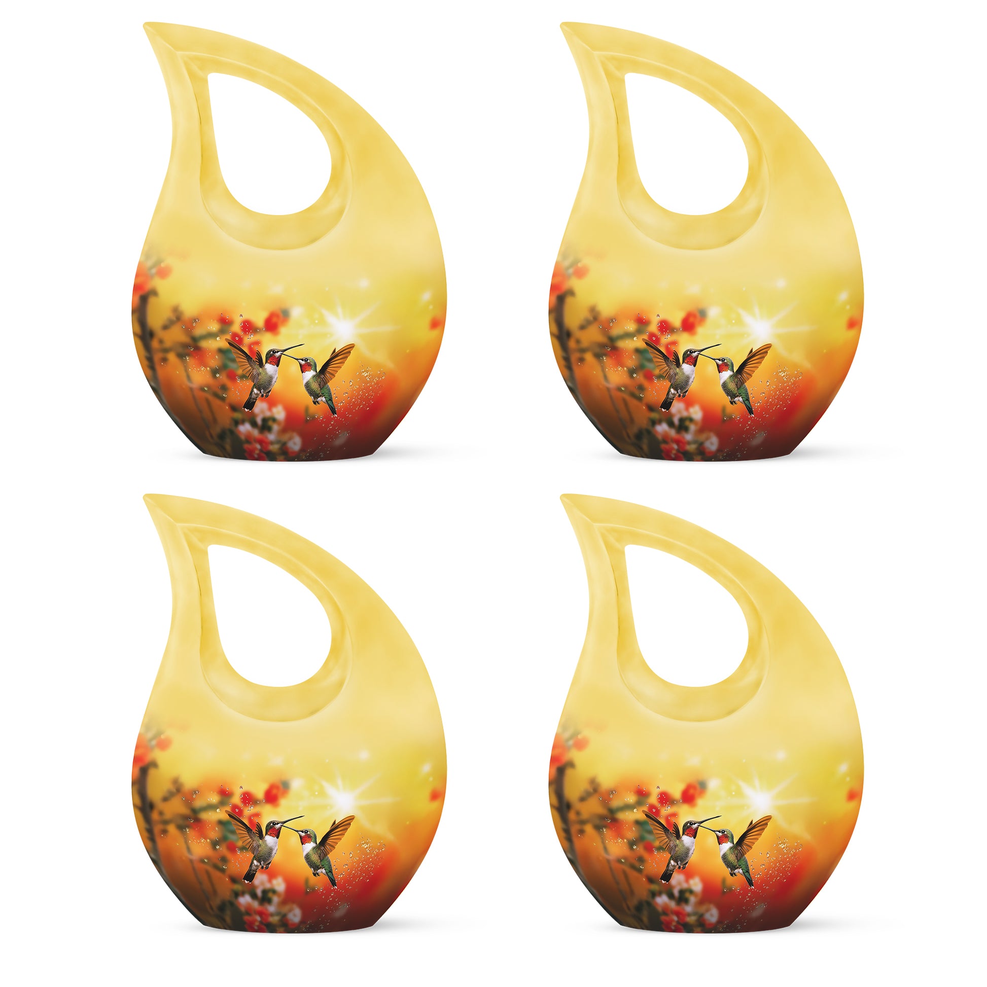 Harvest Gold Hummingbird Cremation Urn lifestyle display on memorial shelf - devotional cross-drop hummingbird engraving - 10 inch aluminum urn for cremated remains