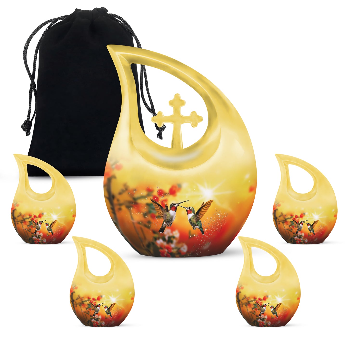 Matte Gold Hummingbird Cremation Urn urn with complimentary velvet bag - devotional cross-drop hummingbird engraving - memorial set with one large and four small urns