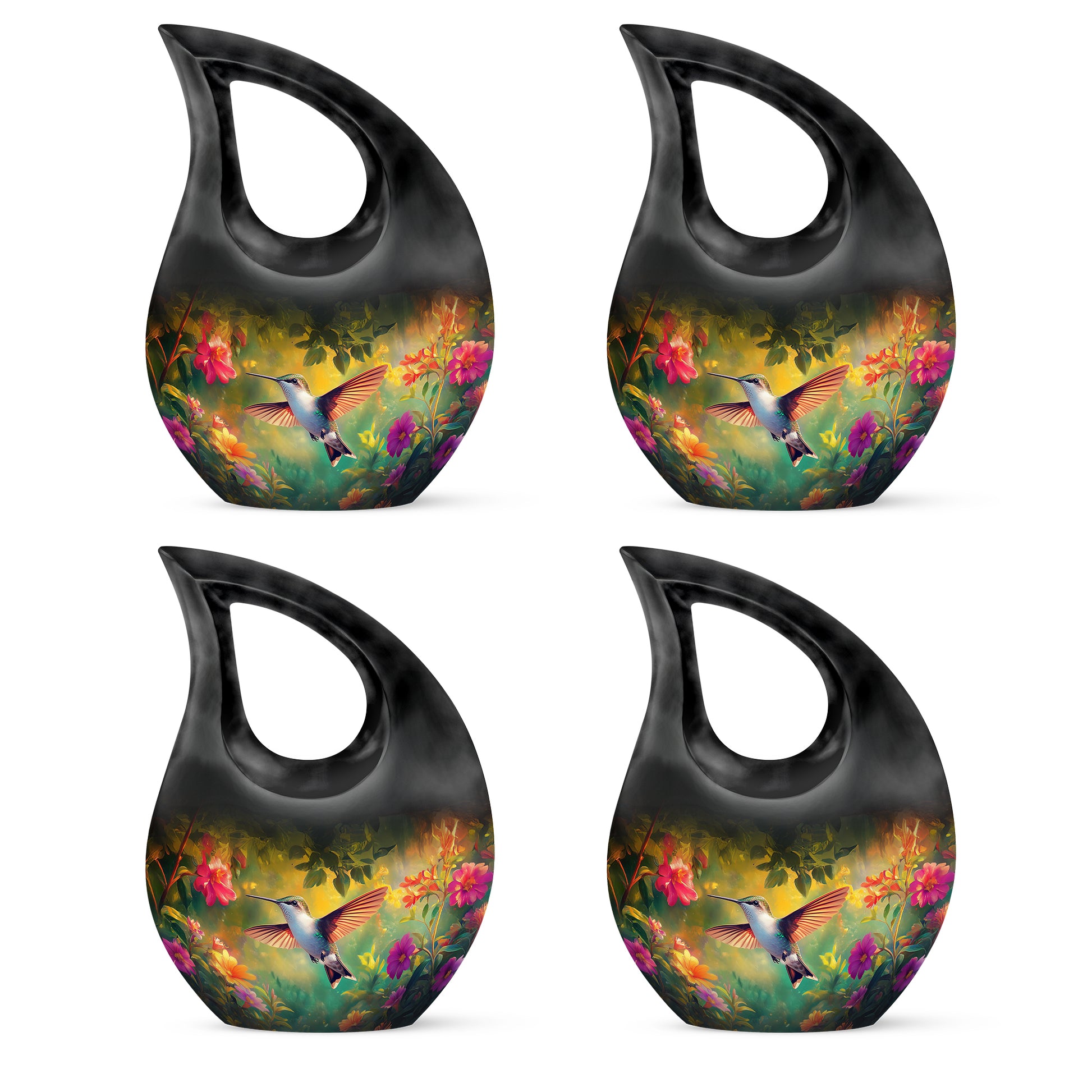 Ebony Hummingbird Cremation Urn lifestyle display on memorial shelf - cross and hummingbird combined in spiritual memorial design - 10 inch aluminum urn for cremated remains