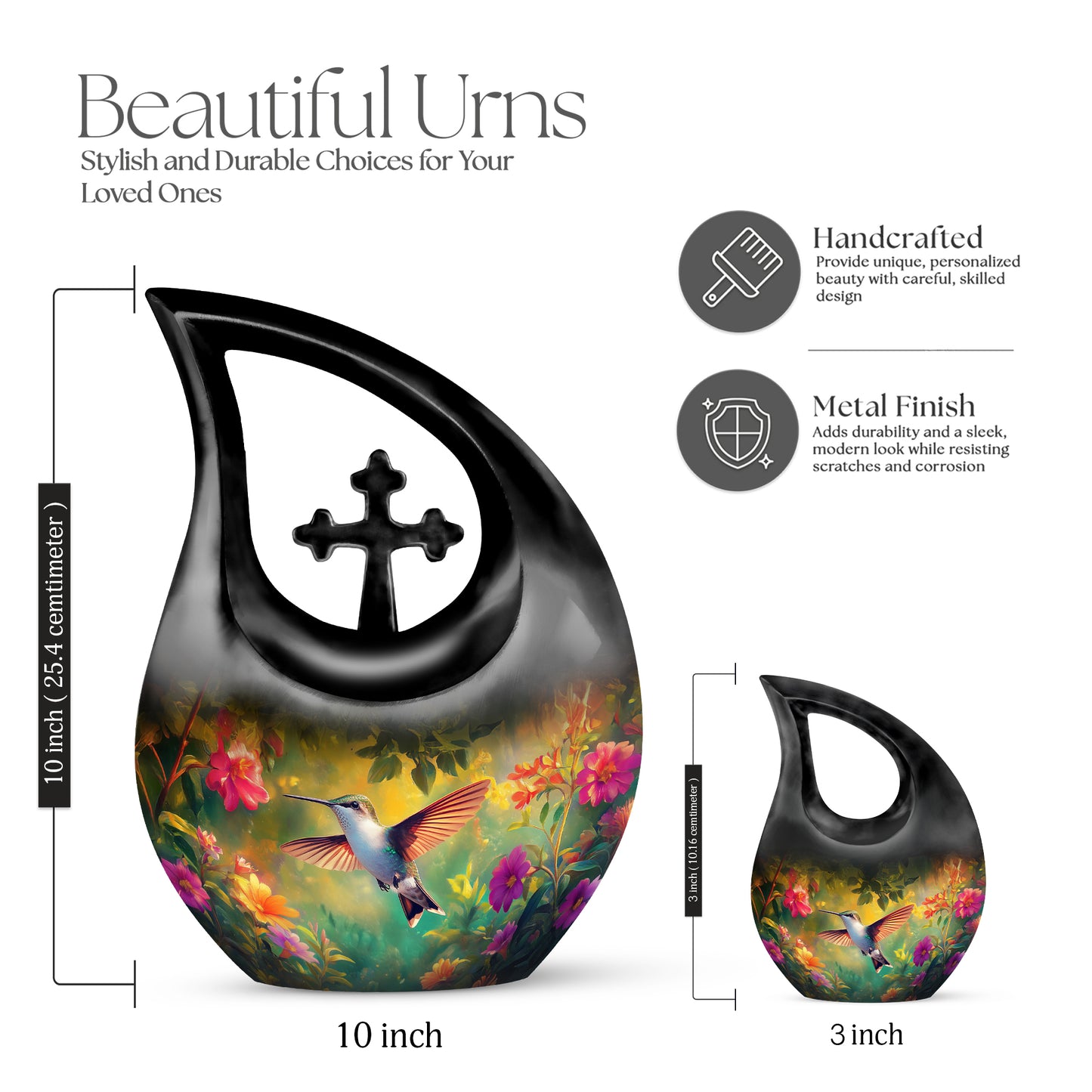 Onyx Black Hummingbird Cremation Urn back view with polished surface - faith-inspired cross-drop urn with hummingbird pattern - mini keepsake memorial for portion of cremation ashes
