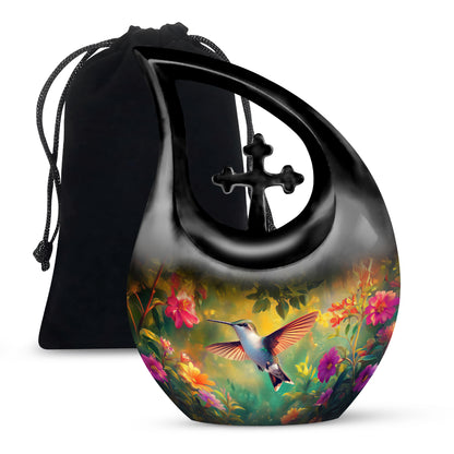 Rich Black Hummingbird Cremation Urn top-down view of secure threaded lid - cross and hummingbird combined in spiritual memorial design - full-size 10 inch 200 cubic inch adult cremation urn