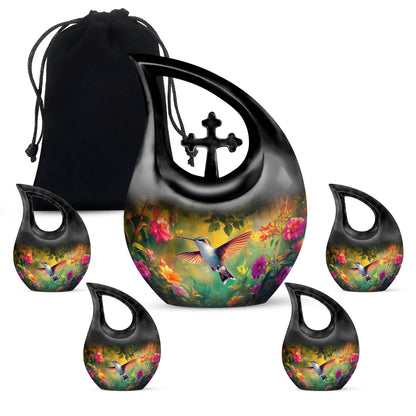 Jet Black Hummingbird Cremation Urn urn with complimentary velvet bag - cross and hummingbird combined in spiritual memorial design - memorial set with one large and four small urns