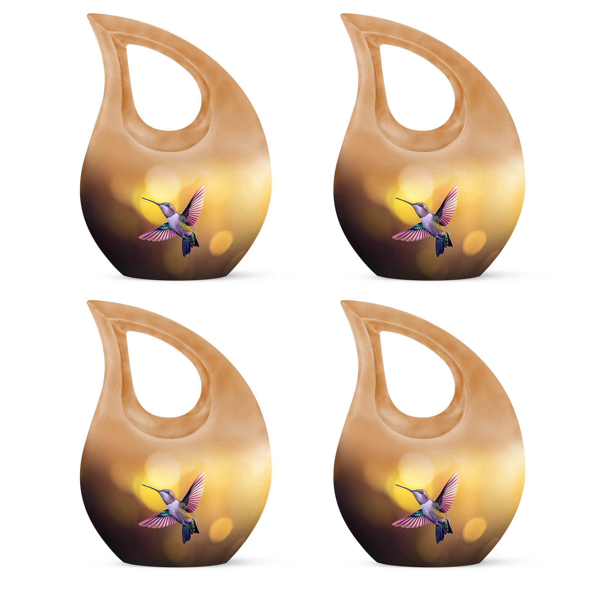 Amber Gold Hummingbird Cremation Urn lifestyle display on memorial shelf - sacred cross merged with hummingbird motif on metal - 10 inch aluminum urn for cremated remains