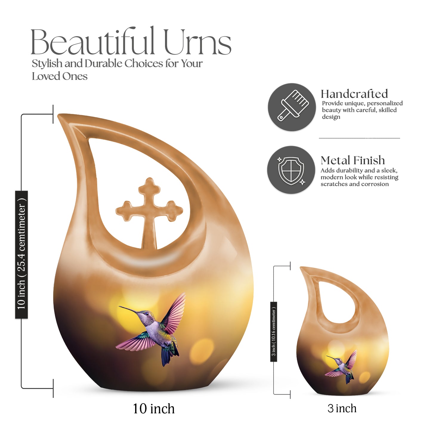 Amber Gold Hummingbird Cremation Urn back view with polished surface - cross and hummingbird combined in spiritual memorial design - mini keepsake memorial for portion of cremation ashes