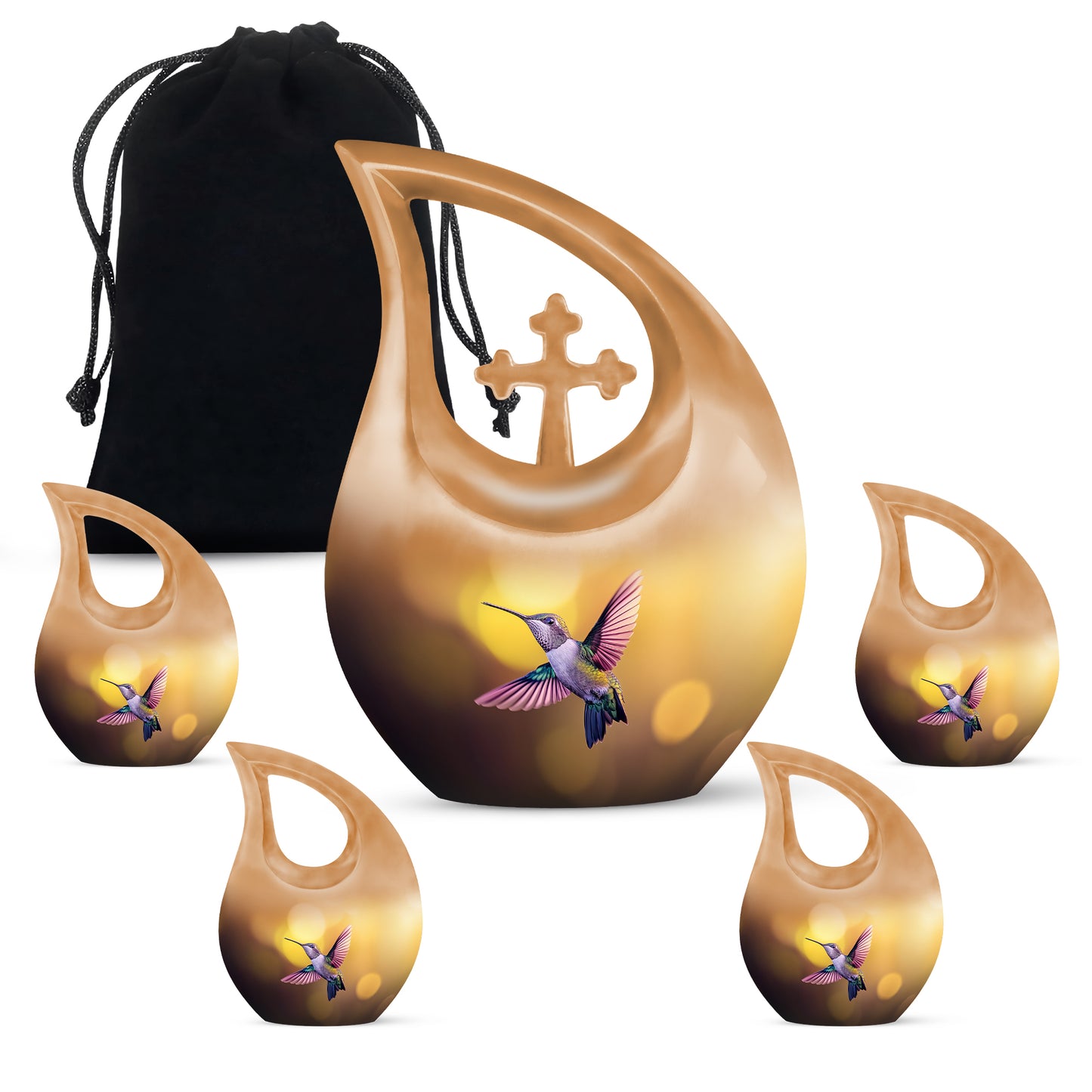 Matte Gold Hummingbird Cremation Urn urn with complimentary velvet bag - devotional cross-drop hummingbird engraving - memorial set with one large and four small urns