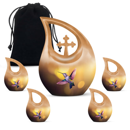 Matte Gold Hummingbird Cremation Urn urn with complimentary velvet bag - devotional cross-drop hummingbird engraving - memorial set with one large and four small urns