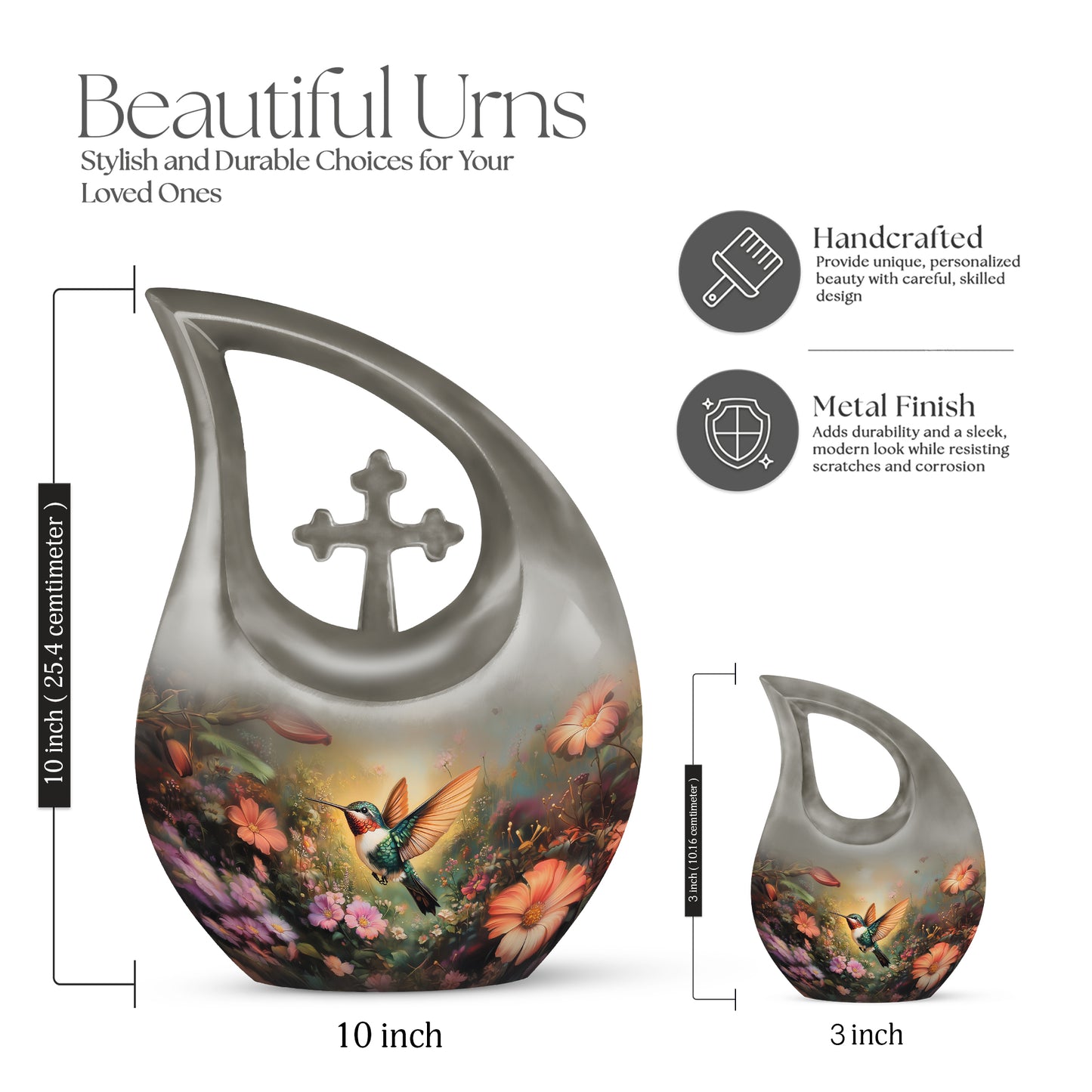 Royal Gold Hummingbird Cremation Urn back view with polished surface - faith-inspired cross-drop urn with hummingbird pattern - mini keepsake memorial for portion of cremation ashes