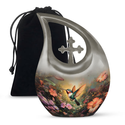 Champagne Gold Hummingbird Cremation Urn top-down view of secure threaded lid - sacred cross merged with hummingbird motif on metal - full-size 10 inch 200 cubic inch adult cremation urn