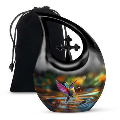 Verdant Green Hummingbird Cremation Urn top-down view of secure threaded lid - cross and hummingbird combined in spiritual memorial design - full-size 10 inch 200 cubic inch adult cremation urn