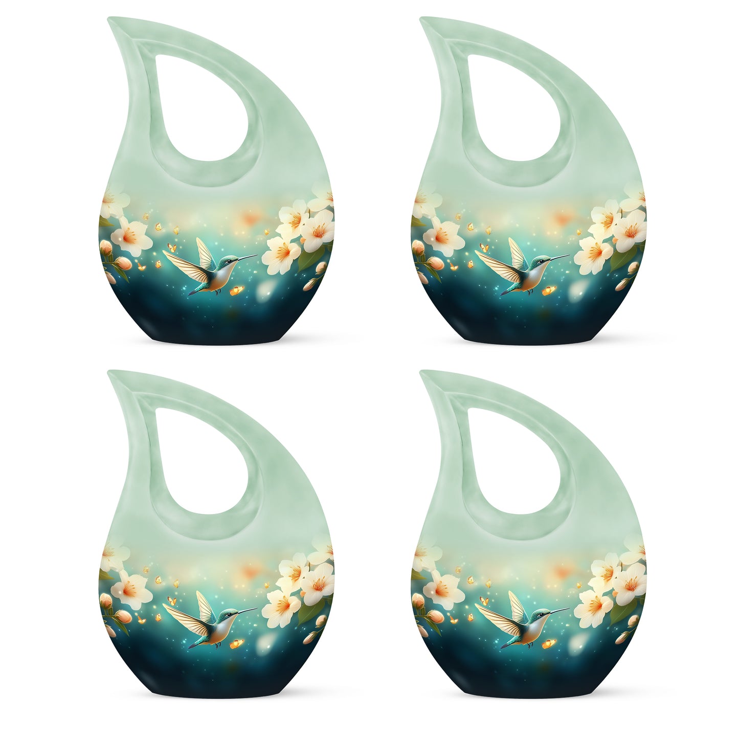Tropical Teal Hummingbird Cremation Urn lifestyle display on memorial shelf - faith-inspired cross-drop urn with hummingbird pattern - 10 inch aluminum urn for cremated remains