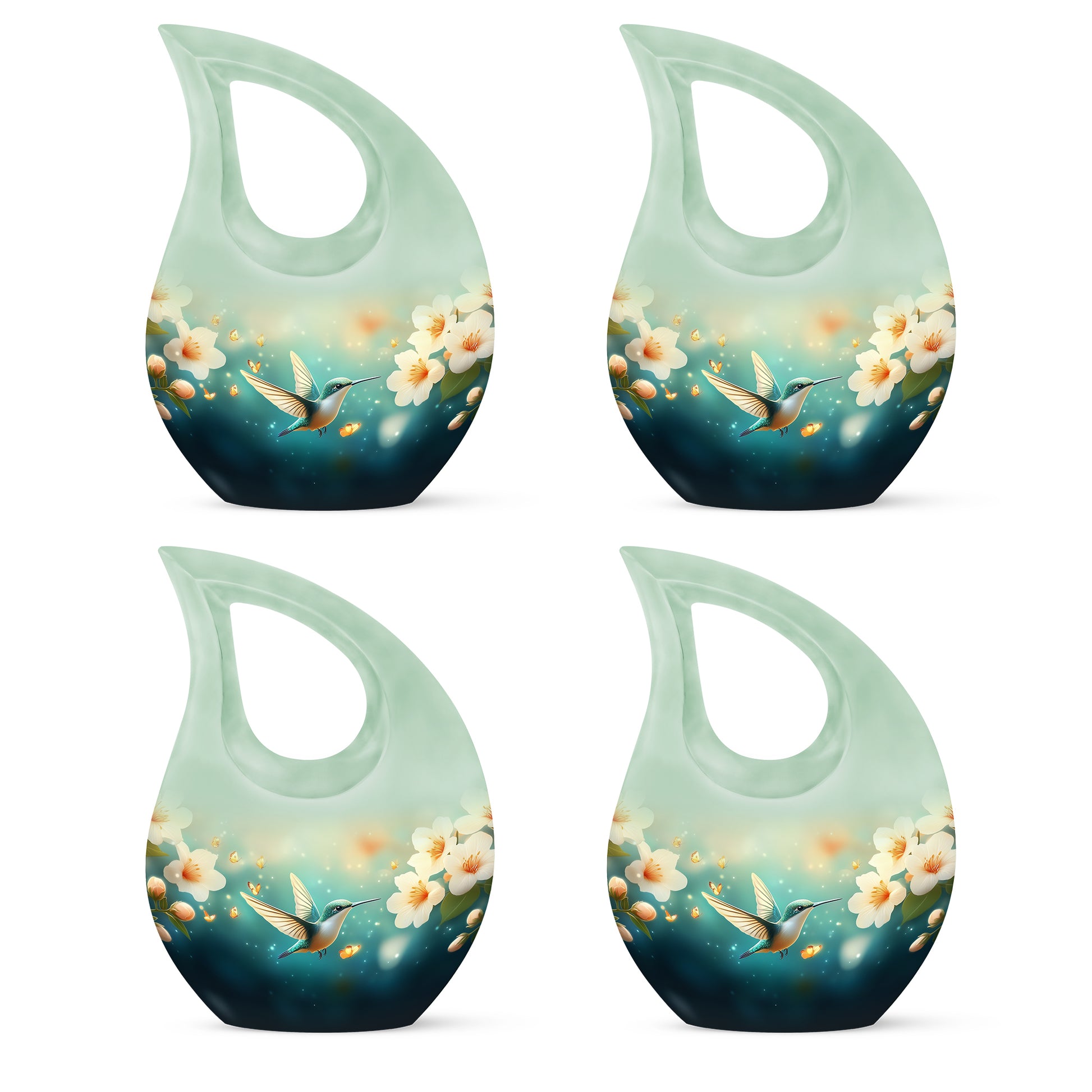 Tropical Teal Hummingbird Cremation Urn lifestyle display on memorial shelf - faith-inspired cross-drop urn with hummingbird pattern - 10 inch aluminum urn for cremated remains