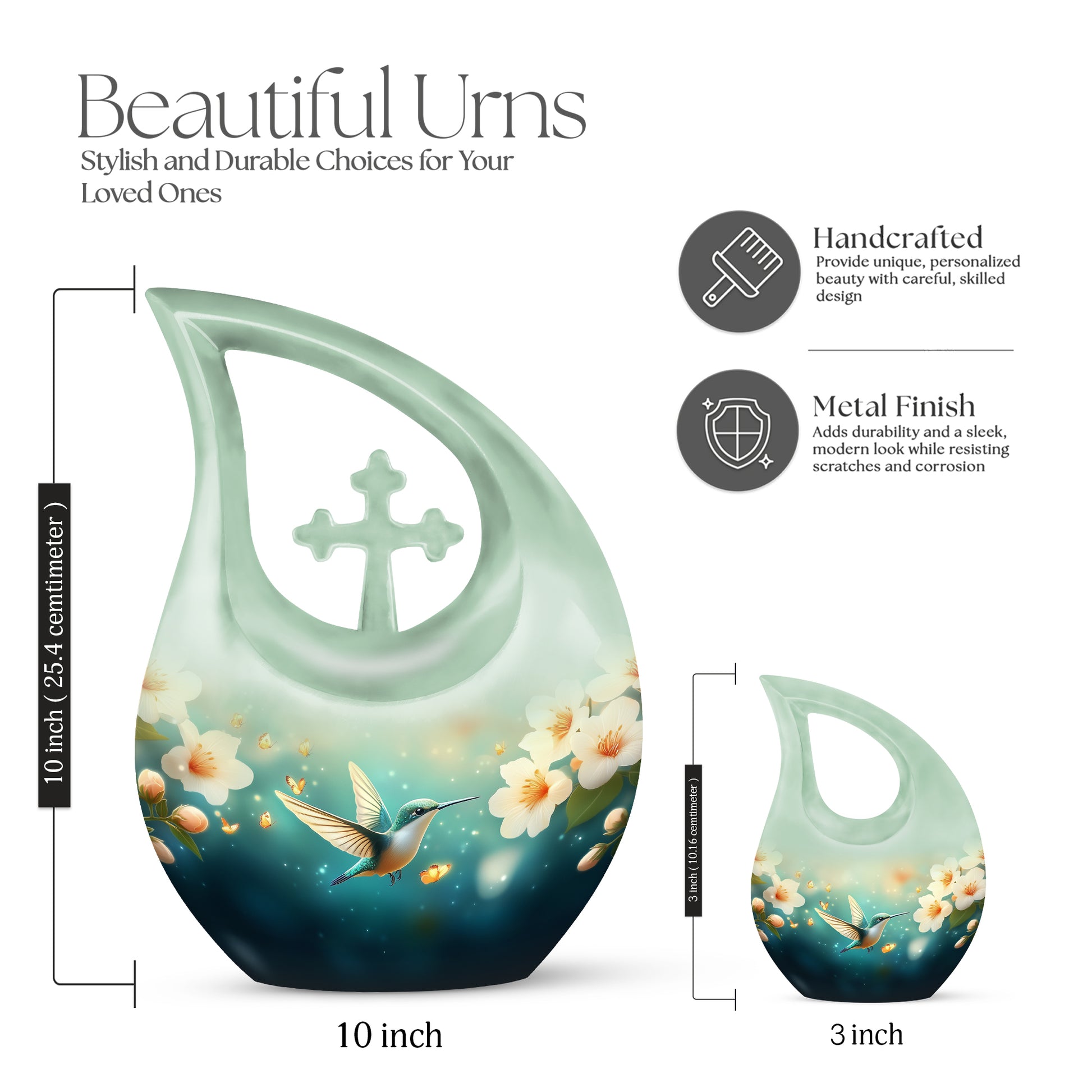 Tropical Teal Hummingbird Cremation Urn back view with polished surface - faith-inspired cross-drop urn with hummingbird pattern - mini keepsake memorial for portion of cremation ashes