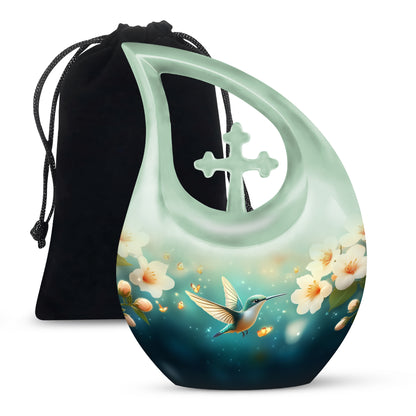 Vivid Teal Hummingbird Cremation Urn top-down view of secure threaded lid - devotional cross-drop hummingbird engraving - full-size 10 inch 200 cubic inch adult cremation urn