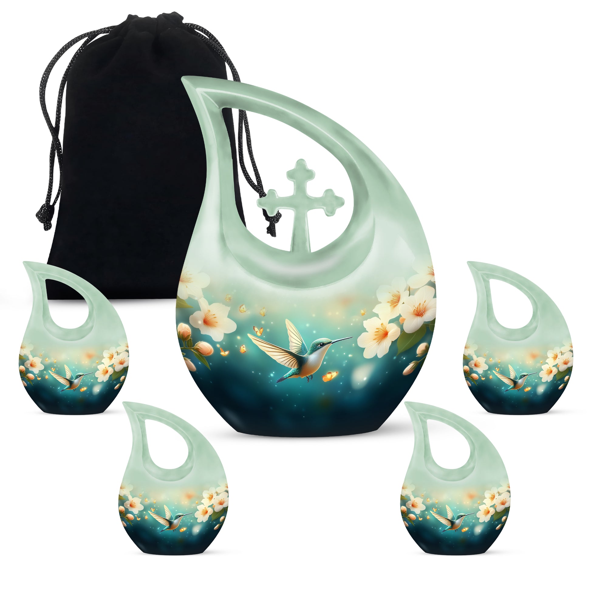 Vivid Teal Hummingbird Cremation Urn urn with complimentary velvet bag - devotional cross-drop hummingbird engraving - memorial set with one large and four small urns