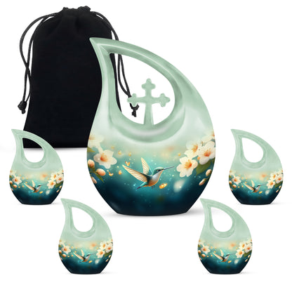 Vivid Teal Hummingbird Cremation Urn urn with complimentary velvet bag - devotional cross-drop hummingbird engraving - memorial set with one large and four small urns