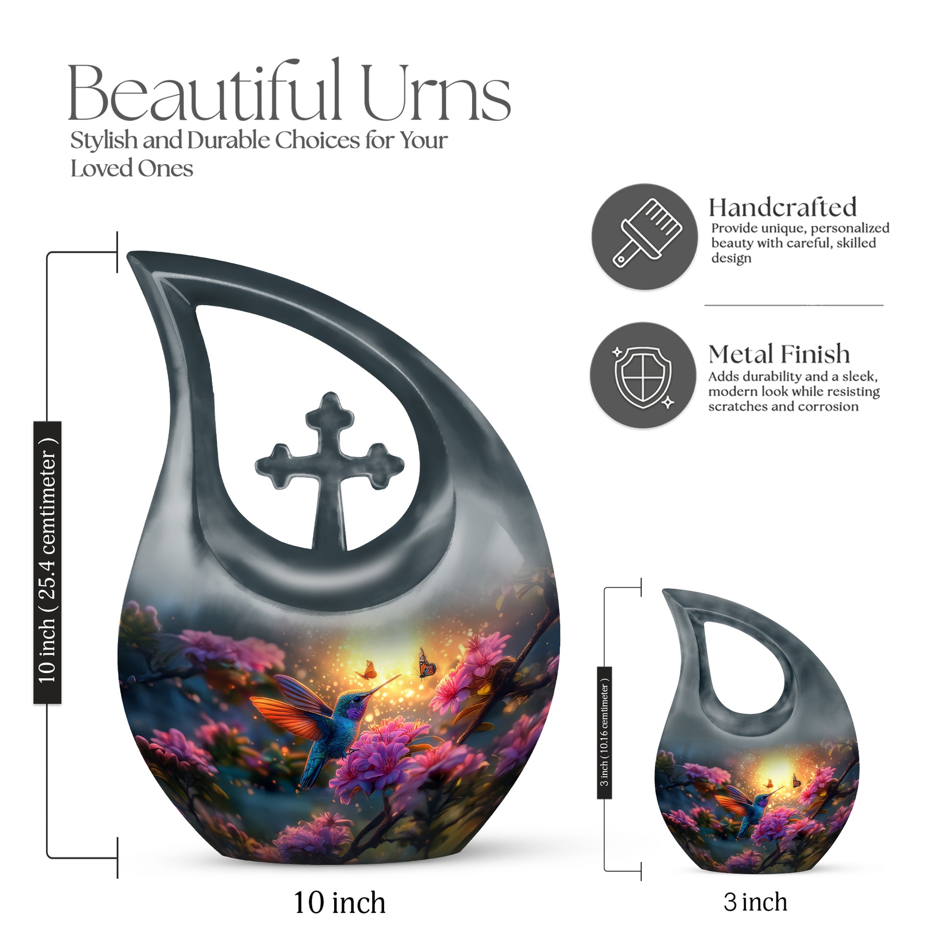 Burnished Gold Hummingbird Cremation Urn back view with polished surface - devotional cross-drop hummingbird engraving - mini keepsake memorial for portion of cremation ashes