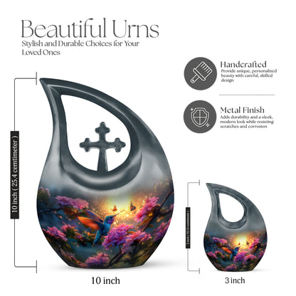 Burnished Gold Hummingbird Cremation Urn back view with polished surface - devotional cross-drop hummingbird engraving - mini keepsake memorial for portion of cremation ashes