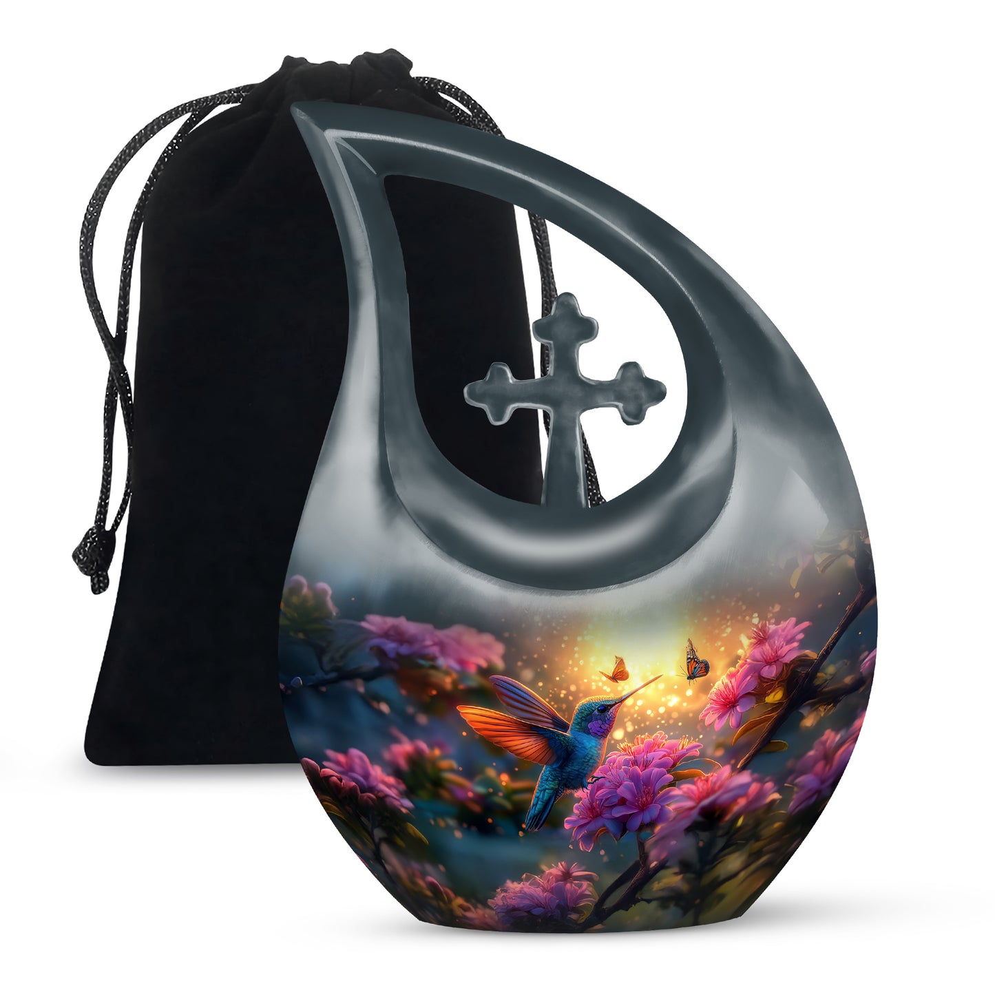 Gilded Gold Hummingbird Cremation Urn top-down view of secure threaded lid - cross and hummingbird combined in spiritual memorial design - full-size 10 inch 200 cubic inch adult cremation urn