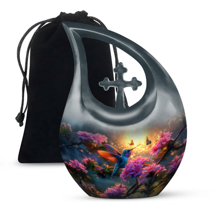 Gilded Gold Hummingbird Cremation Urn top-down view of secure threaded lid - cross and hummingbird combined in spiritual memorial design - full-size 10 inch 200 cubic inch adult cremation urn
