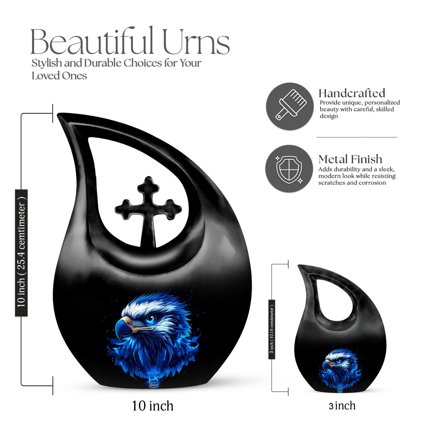 Ebony Eagle Cremation Urn back view with polished surface - cross and eagle combined in spiritual memorial design - mini keepsake memorial for portion of cremation ashes